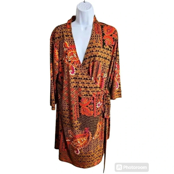 Liz Claiborne Petite L Boho Paisley Wrap Dress Retro Mod Fall Party Chic Elegant - Picture 2 of 8